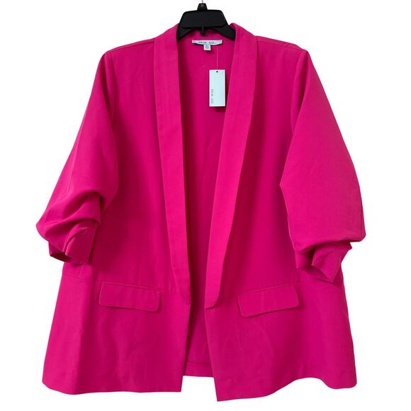 NWT Blue Sol 3X Fuchsia Pink Jacket Ruched 3/4 Sleeves Flap Pockets Tacked Lapel - Picture 1 of 4